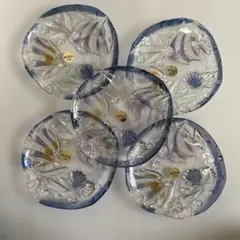 SOGA ガラス皿 5枚セット 花と魚の彫刻