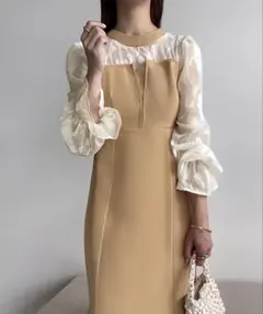 ☘️即発送可能　美シルエット ワンピース 韓国風 長袖 ブラウスドッキング