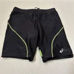 アシックス陸上用ショートタイツブラック/グリーンSサイズ