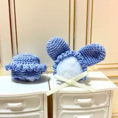 5cmサイズのお人形用　あじさい色うさ耳ボンネットとフリルカバーオール