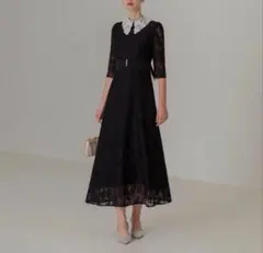美品✨LEJA ブラック レースビッグカラー刺繍ロングドレス S