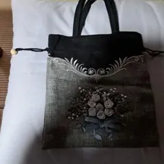 花の刺繍トートバッグ グレーと黒