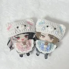 ぬい服　10cm 猫耳ニット帽、スタイセット　ハートくま　ピンク&水色　2点
