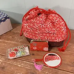 赤い花柄　和装用バッグ　小物　セット　着物　巾着