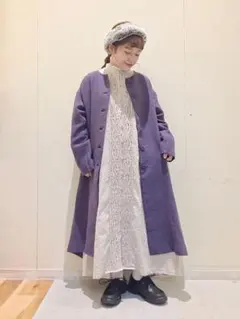 新品 未使用 綿麻ウールAラインコート パープル タグ付 SamansaMos2