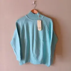 L新品　カシミヤ90％★デザイン編みハイネックニット♪ミントグリーンL