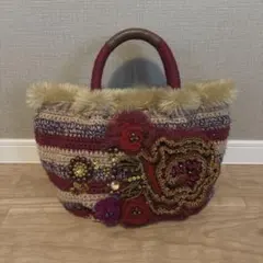 ☆Arukan/アルカン☆お花いっぱいトートバッグ☆ビジュー ファー　毛糸ニット