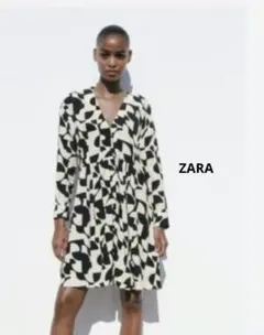 ZARA 総柄ワンピース モノトーン 幾何学柄 ゆったり Aライン