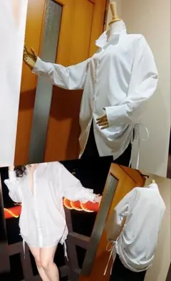 レディース・サイドギャザー/長袖・ブラウス/シャツ【白・ＸＬ】新品