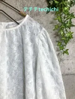 テチチtechichi 刺繍シアーブラウス　長袖シャツ　ボタニカル刺繍　白のサムネイル