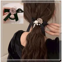 パール調 リボン ヘアゴム くすみカラー バラ付き ピンク フォーマル