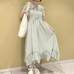 【美品】merryjenny フリルカラーギンガムワンピース ミント