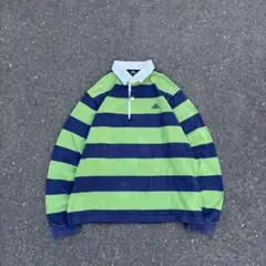 00s adidas 長袖 ポロシャツ ボーダー 刺繍ロゴ ネイビー グリーン