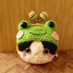 即購入OK★かえる帽子のハチワレ猫さん あみぐるみ がま口
