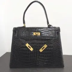 本物 シャイニング クロコダイル　ハンドバッグ　本革　黒　リアル クロコ　ワニ革のサムネイル