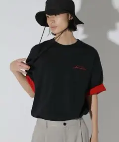 新品 LAKOLE 袖配色ロゴ刺繍Tシャツ 半袖 ネイビー M メンズ 未使用