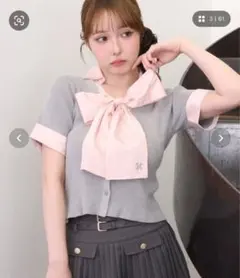 リボン付き 半袖 ニット トップス グレー ピンクのサムネイル