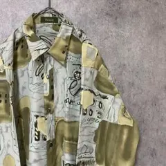 90s vintage 長袖　柄シャツ　メンズM ポリ　古着　日本製　個性派