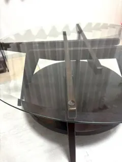 未使用展示品】ガラス天板 ローテーブル 黒 直径約90cm【説明文必読 