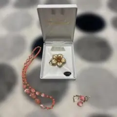 【美品】天然貝 珊瑚風 ネックレス イヤリング ブローチ 3点セット レトロのサムネイル