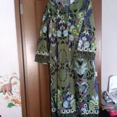 オリーブグリーン フローラル ロングワンピース M