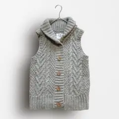 □7307 ウール100% ケーブル編みニットベスト ショールカラー グレー M