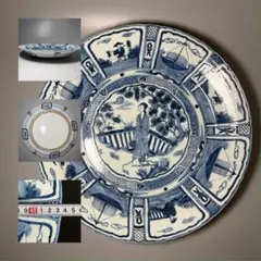 中国美術　古陶　古染付芙蓉手美人画大皿　舟文様　青花　存在感抜群！　43cm 中国美術 古陶 古染付芙蓉手美人画大皿 舟文様 青花 存在感抜群！ 43cm