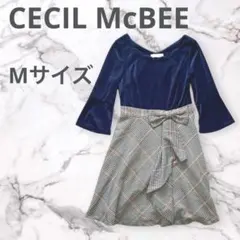 【used】CECIL McBEE ベロアスカラップワンピース　M チェック　紺