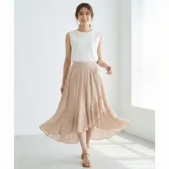 【美シルエット】揺れ感 アシンメトリー フレアロングスカート ベージュ【B21】