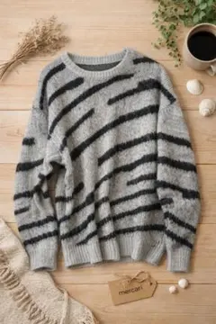 メンズ ニット セーター グレー ブラック ストライプ