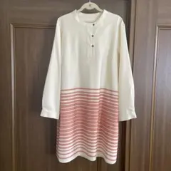 ゴールデンベア長袖 ひざ丈ワンピース クリーム色 ピンクストライプ