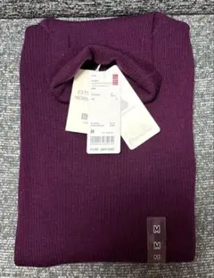 新品タグ付　UNIQLO エクストラファインメリノリブタートルセーターMパープル