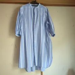水色と白のストライプ 長袖シャツワンピース Lサイズ