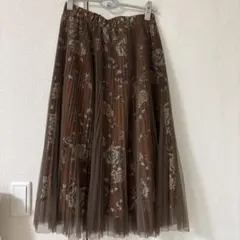 花柄 チュール プリーツスカート ブラウン系 レトロ