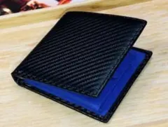 新品 黒×青 ハンドメイド カーボンレザー 二つ折り財布 ウォレット 革財布