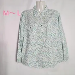 長袖ブラウス45 M〜Lサイズ 衿付き 花模様 グリーン ポケット 春秋 前開き