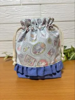 ハンドメイド　入学準備　給食袋 巾着　コップ入れ　お箸入れ　動物柄　水色　裏地付