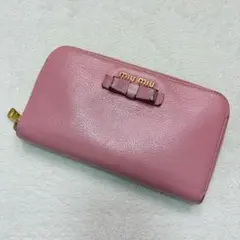 MIU MIU ミュウミュウ　長財布　ラウンドファスナー　リボン　シボ　ピンクのサムネイル
