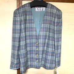 グリーン緑チェックウールヴィンテージノーカラージャケットレディースVネック