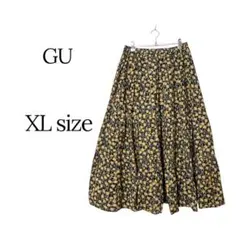GU 花柄フレアロングスカート 黒黄 XLサイズ 通勤服のサムネイル
