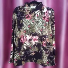 Creald 花柄×チェック 長袖チュニック LL相当 黒系 伸縮性あり