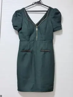 dazzy ダークグリーン Vネック パフスリーブ ドレス S