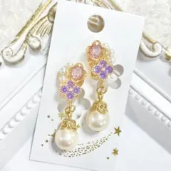 ハンドメイドイヤリング【No.23】痛くない 蝶バネ 花 ガラス パール 綺麗