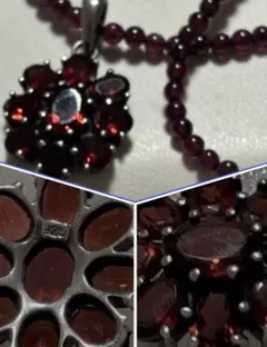 トップに925刻印 花ペンダント ネックレスガーネット風garnet風ビンテージ