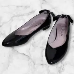 銀座かねまつ　フラットパンプス　ブラック黒　エナメル　バックリボン