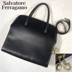 フェラガモ ITALY製 ハンドバッグ 2way ガンチーニ ゴールド金具 黒