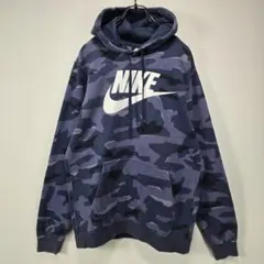 NIKE　フーディー　パーカー　S　迷彩柄　ビッグプリント　ロゴ　ブルー系　古着