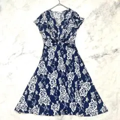 美品 エジェリ 上品 美シルエット ワンピース 花柄 ストレッチ 紺 フランス製