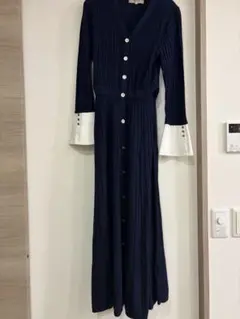 JUSGLITTY ニットワンピース ネイビー 配色カフス ベルト付き