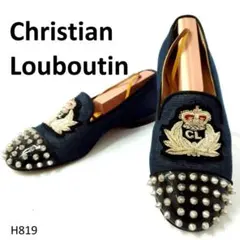 クリスチャンルブタン　デニムパンプス　スタッズ　エナメル　エンブレム刺繍